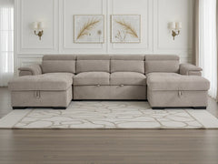 Alaya Beige U-Shape Corner Sofa Bed with Storage & Adjustable Headrests