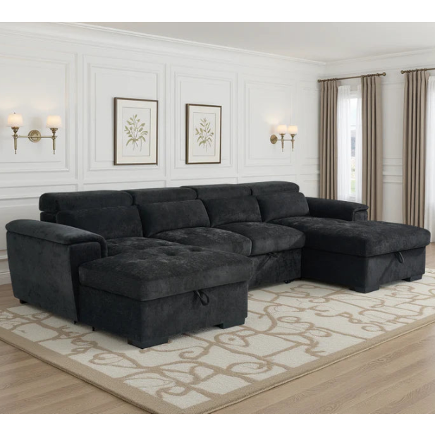 Alaya Black U-Shape Corner Sofa Bed with Storage & Adjustable Headrests