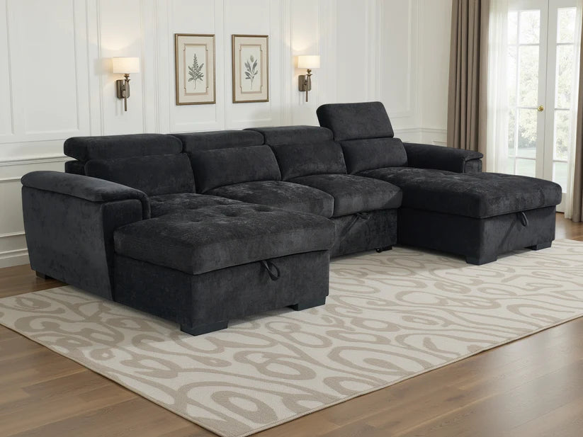 Alaya Black U-Shape Corner Sofa Bed with Storage & Adjustable Headrests - Furniture One Shop