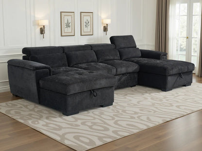 Alaya Black U-Shape Corner Sofa Bed with Storage & Adjustable Headrests - Furniture One Shop
