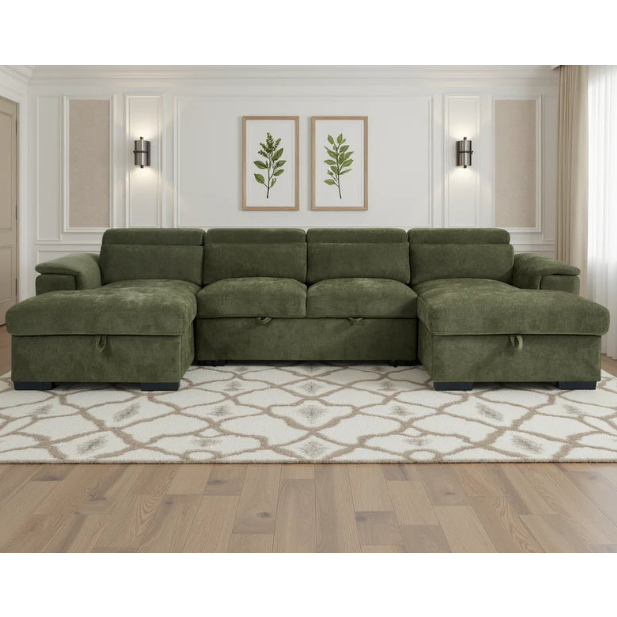 Alaya Green U-Shape Corner Sofa Bed with Storage & Adjustable Headrests