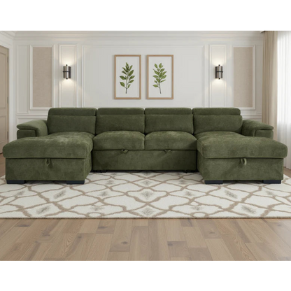 Alaya Green U-Shape Corner Sofa Bed with Storage & Adjustable Headrests