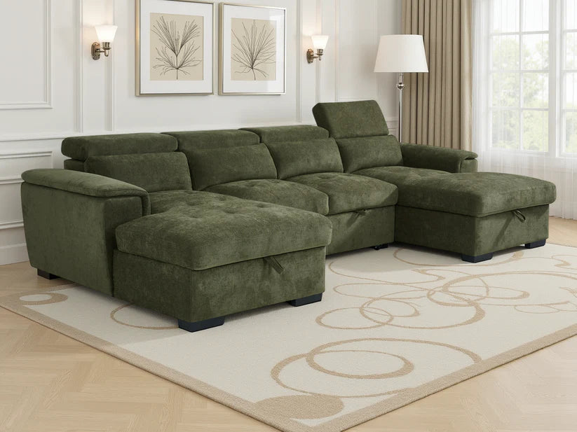 Alaya Green U-Shape Corner Sofa Bed with Storage & Adjustable Headrests - Furniture One Shop