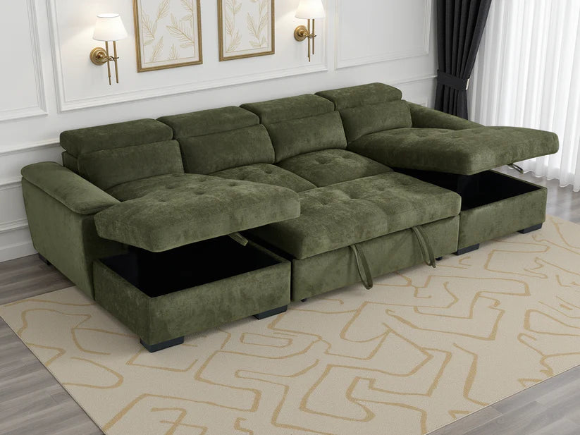 Alaya Green U-Shape Corner Sofa Bed with Storage & Adjustable Headrests - Furniture One Shop