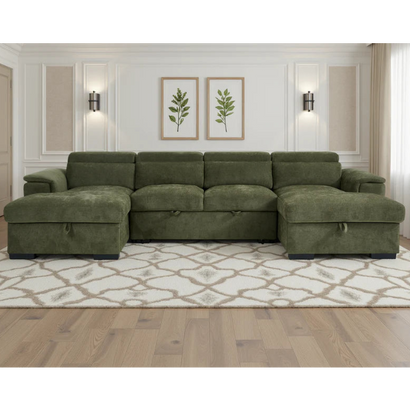 Alaya Green U-Shape Corner Sofa Bed with Storage & Adjustable Headrests