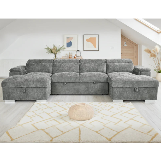Alaya Grey U-Shape Corner Sofa Bed with Storage & Adjustable Headrests