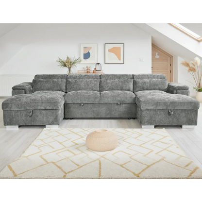 Alaya Grey U-Shape Corner Sofa Bed with Storage & Adjustable Headrests