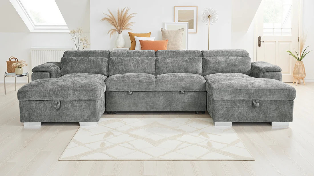 Alaya Grey U-Shape Corner Sofa Bed with Storage & Adjustable Headrests - Furniture One Shop