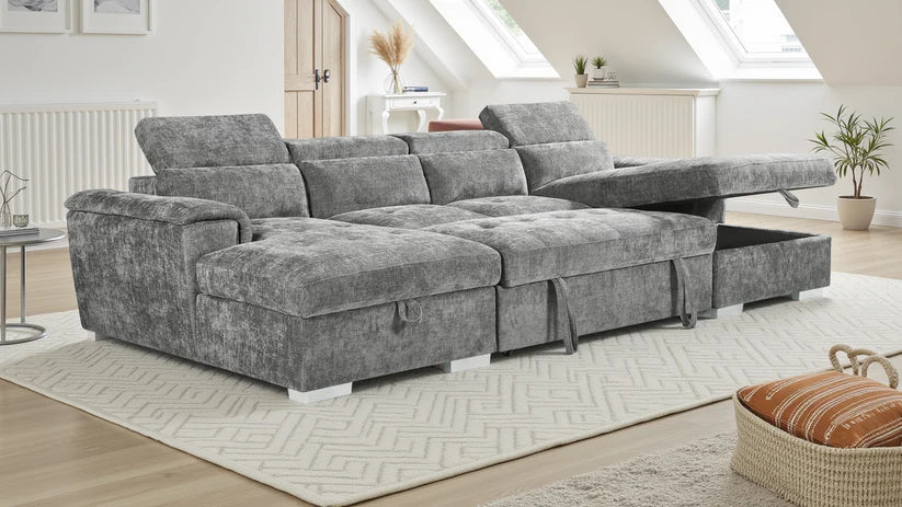Alaya Grey U-Shape Corner Sofa Bed with Storage & Adjustable Headrests - Furniture One Shop