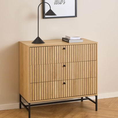 Albany Chest of 3 Drawers in Oak with Black Legs – Powder Coated Steel Base - UK
