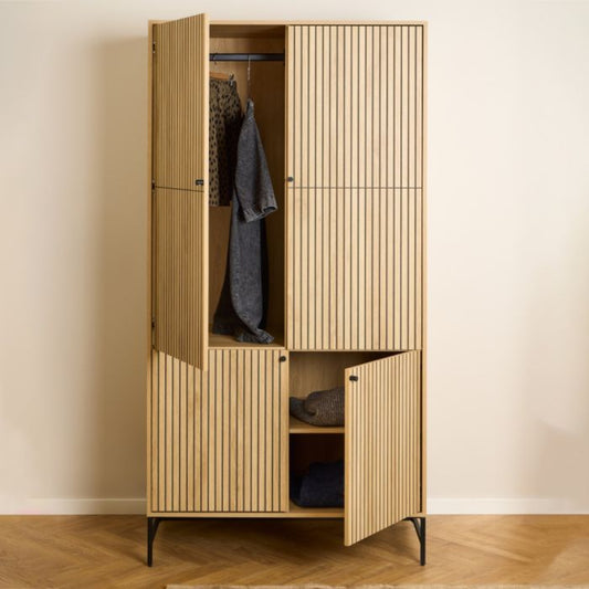 Albany Wooden 4 Doors Wardrobe in Oak with Black Legs – Powder Coated Steel Base - UK