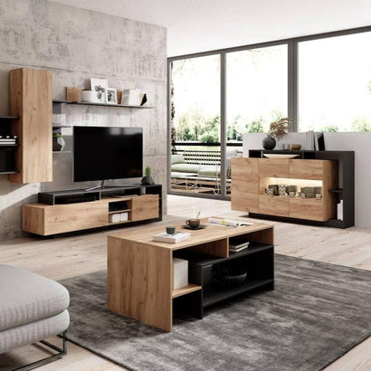 Alva Wooden Coffee Table 120cm in Oak Gold Craft and Black