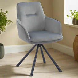 Amalfi Light Grey French Velvet Swivel Dining Arm Chair With Matt Black Steel Spider Legs