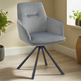 Amalfi Light Grey French Velvet Swivel Dining Arm Chair With Matt Black Steel Spider Legs