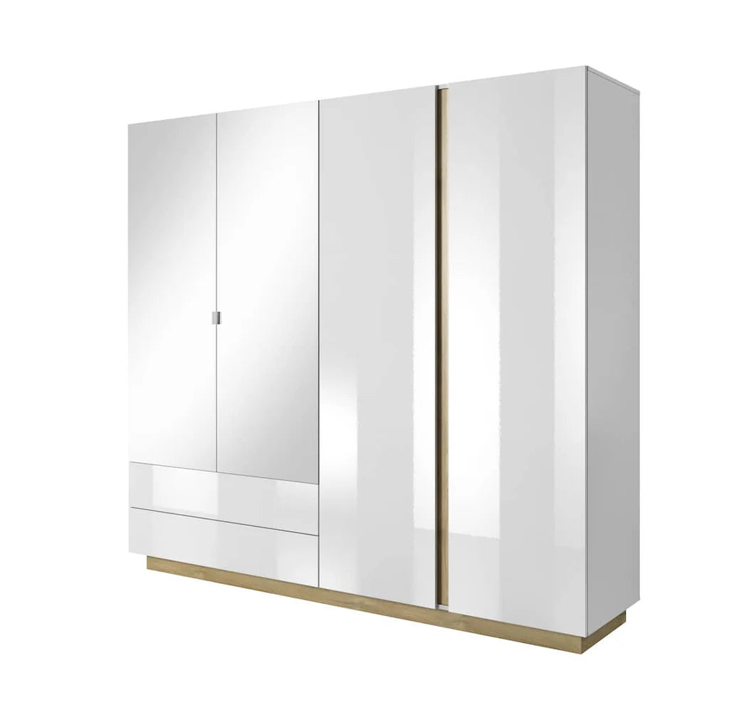 Arco 4 Doors 2 Drawers 220cm Wooden Wardrobe in White Gloss & Oak Grandson