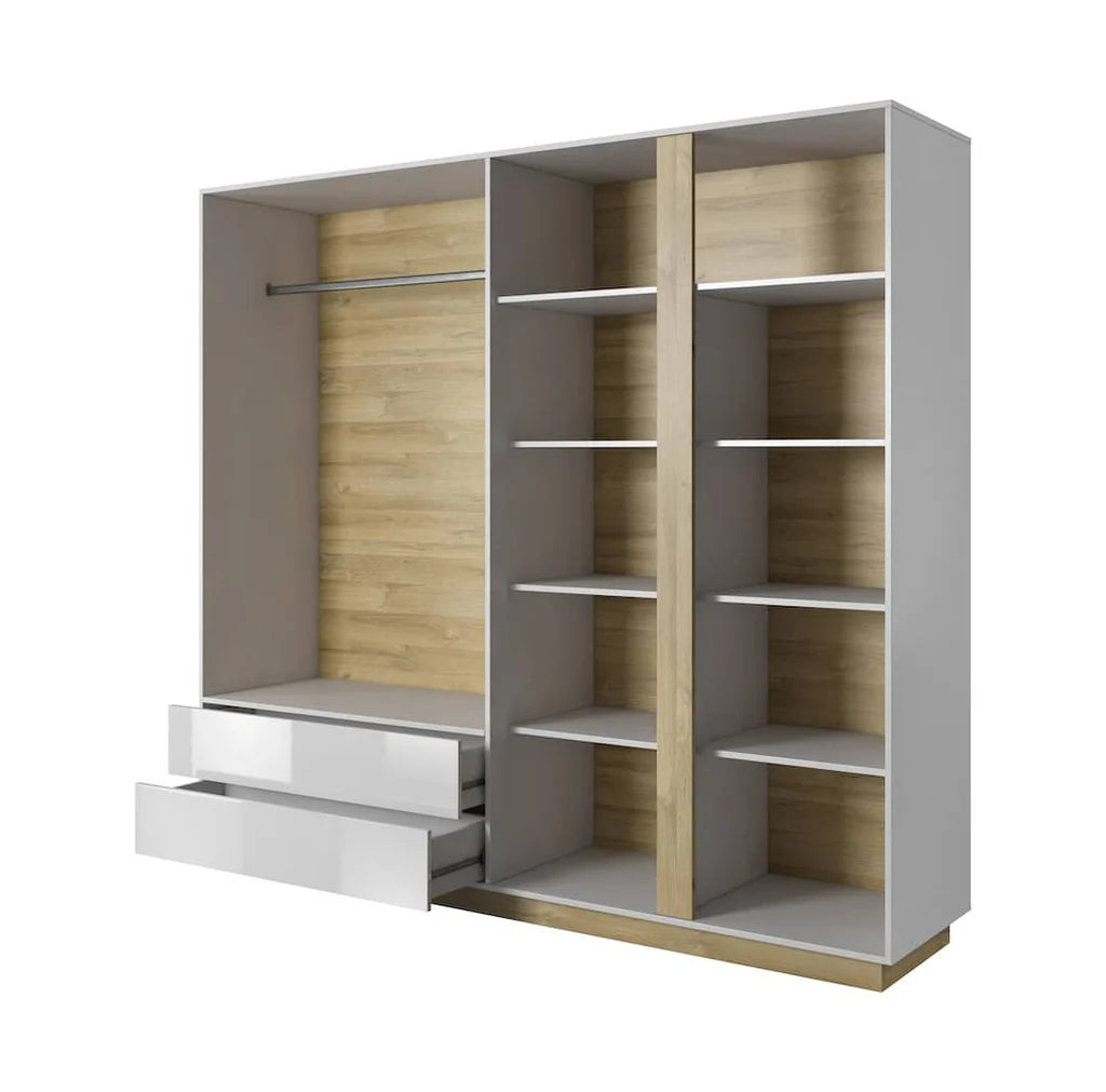 Arco 4 Doors 2 Drawers 220cm Wooden Wardrobe in White Gloss & Oak Grandson