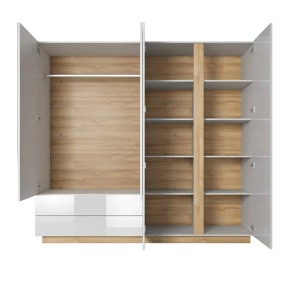 Arco 4 Doors 2 Drawers 220cm Wooden Wardrobe in White Gloss & Oak Grandson