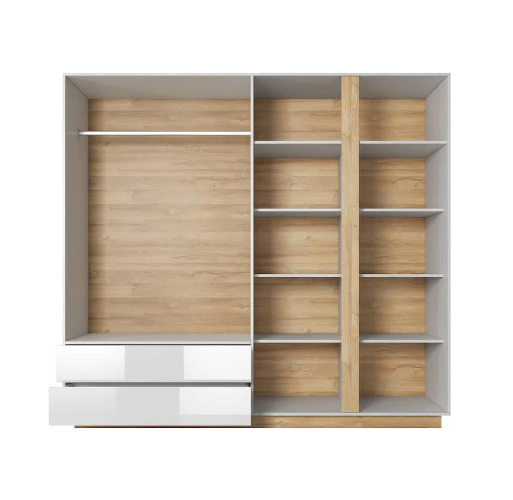 Arco 4 Doors 2 Drawers 220cm Wooden Wardrobe in White Gloss & Oak Grandson