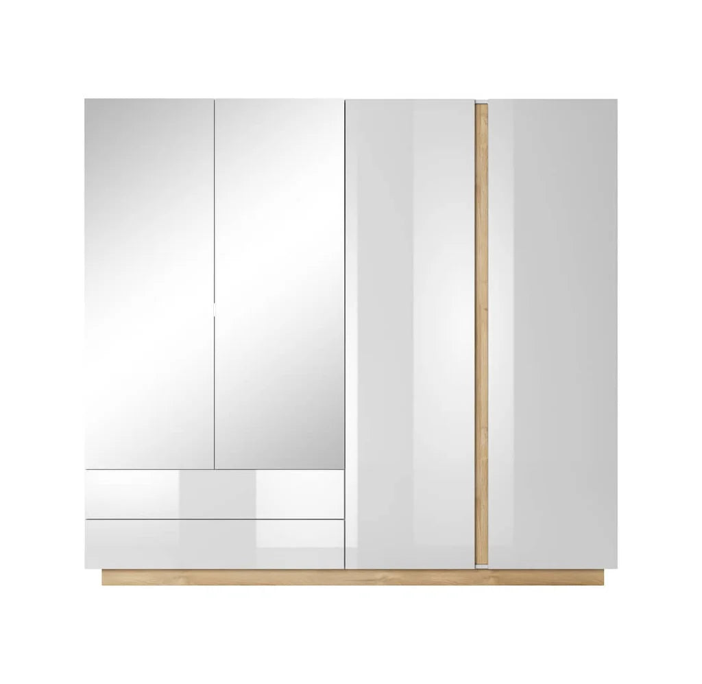 Arco 4 Doors 2 Drawers 220cm Wooden Wardrobe in White Gloss & Oak Grandson