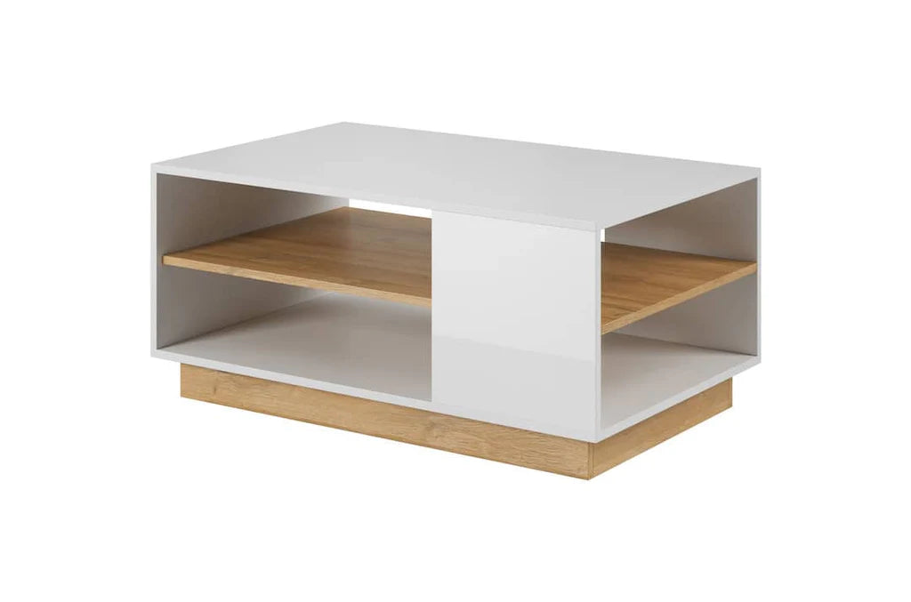 Arco Wooden Coffee Table in White Gloss and Oak Grandson - 100cm