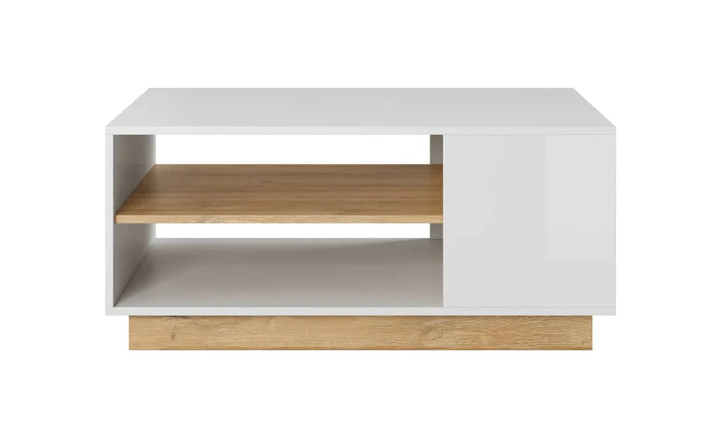 Arco Wooden Coffee Table in White Gloss and Oak Grandson - 100cm