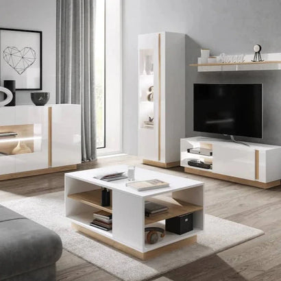 Arco Wooden Coffee Table in White Gloss and Oak Grandson - 100cm - Furniture One Shop