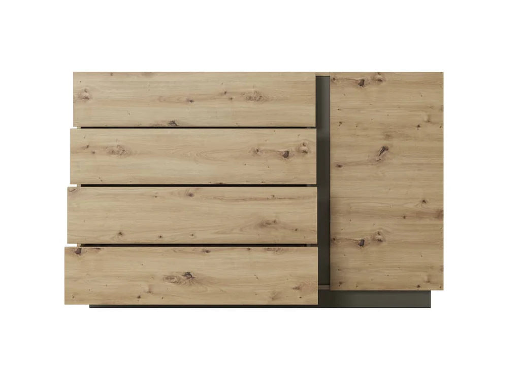 Arco Wooden Chest of Drawers with 1 Door and 4 Drawers in Oak Artisan & Graphite