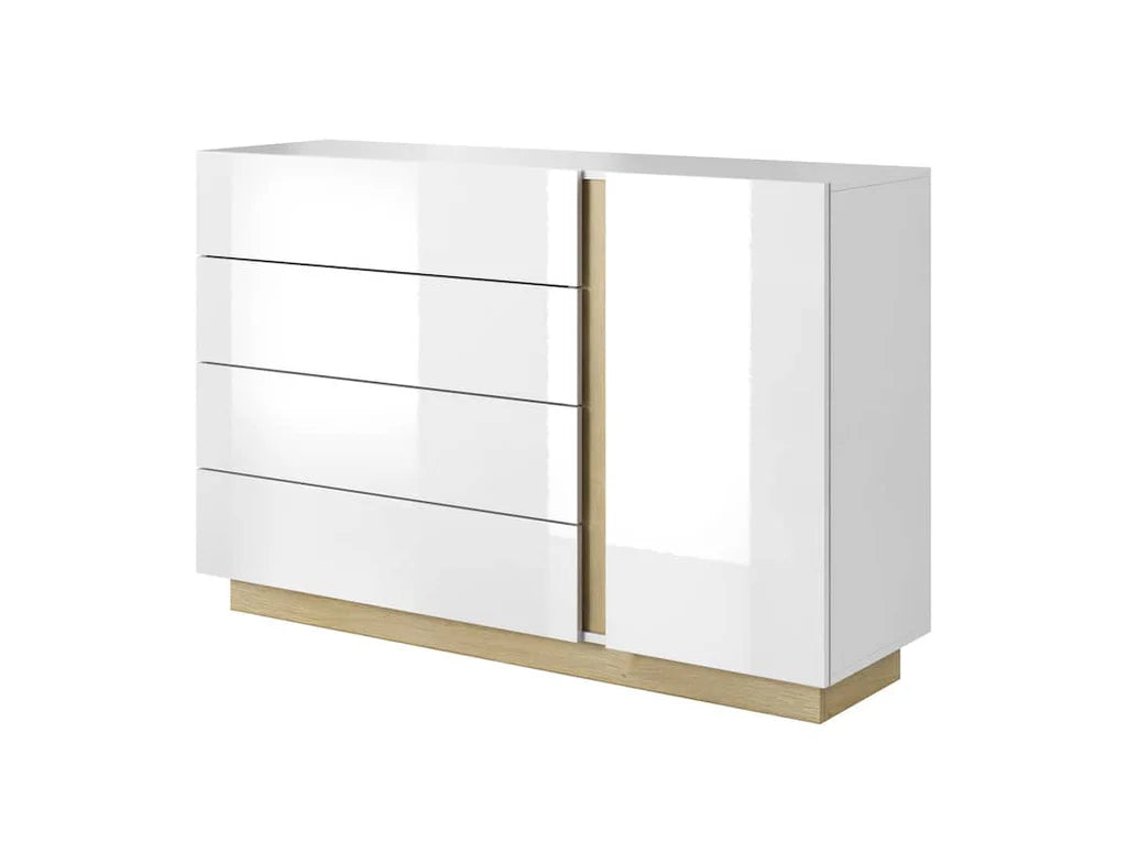 Arco Wooden Chest of Drawers with 1 Door and 4 Drawers in White Gloss & Oak Grandson