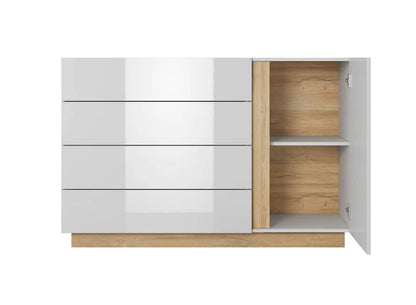 Arco Wooden Chest of Drawers with 1 Door and 4 Drawers in White Gloss & Oak Grandson