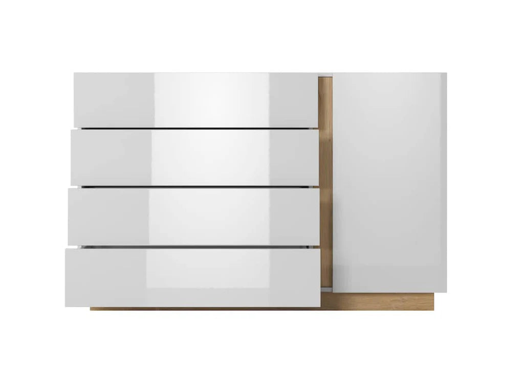 Arco Wooden Chest of Drawers with 1 Door and 4 Drawers in White Gloss & Oak Grandson