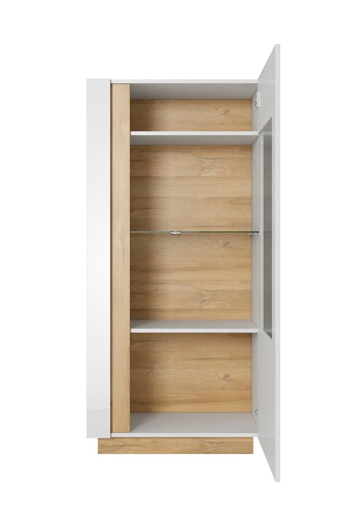 Arco Wooden Display Cabinet in White Gloss & Oak Grandson