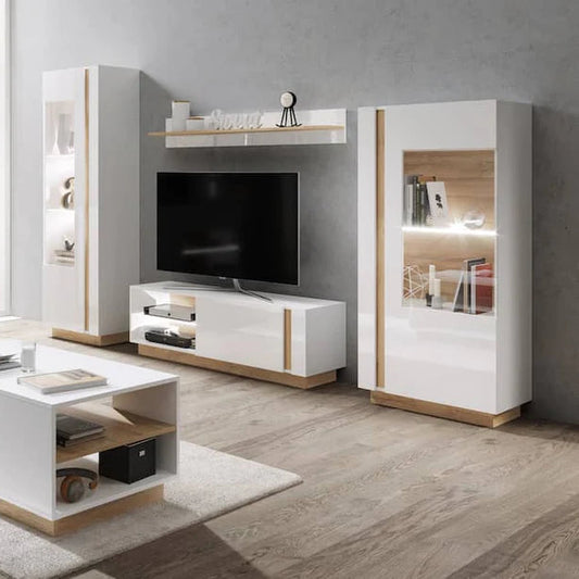 Arco Wooden Display Cabinet in White Gloss & Oak Grandson