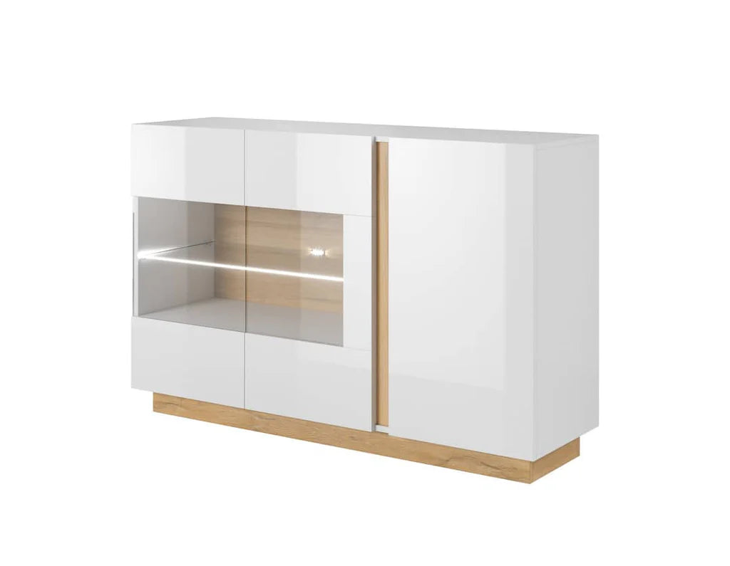 Arco Wooden Display Sideboard with 3 Doors in White Gloss & Oak Grandson