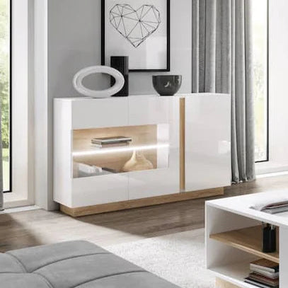 Arco Wooden Display Sideboard with 3 Doors in White Gloss & Oak Grandson