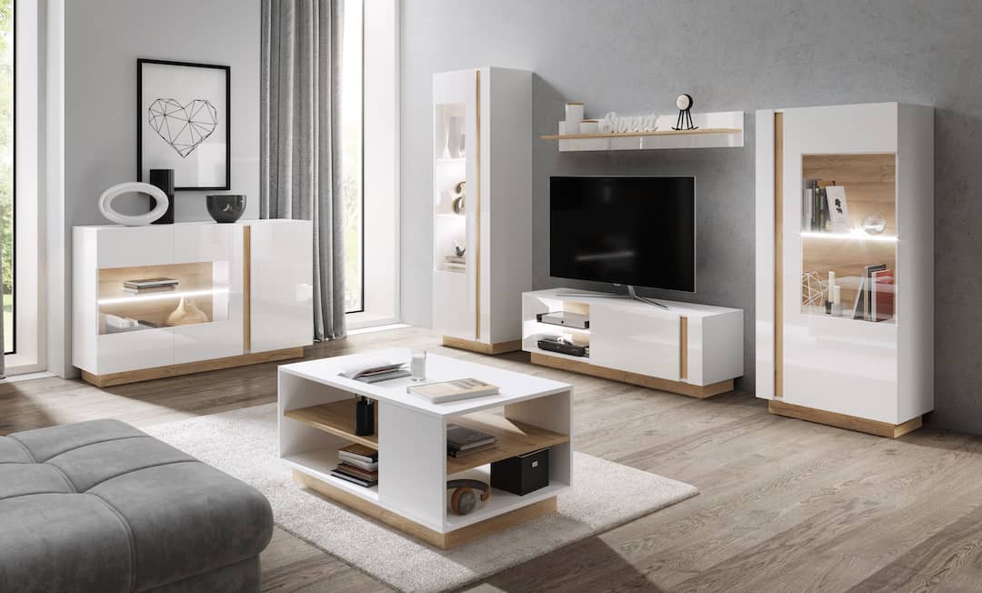 Arco Wooden Display Sideboard with 3 Doors in White Gloss & Oak Grandson