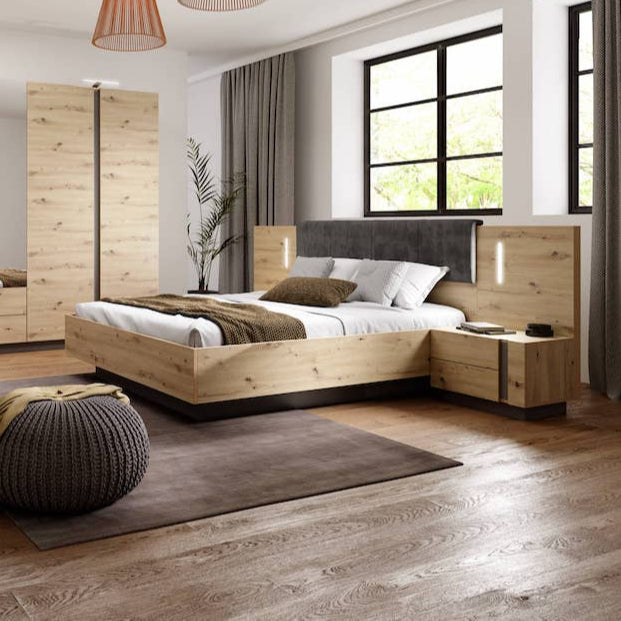 Arco Wooden King Size Bed in Oak Artisan & Graphite