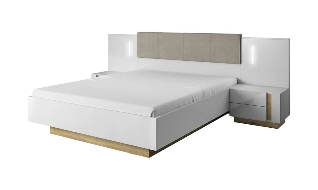 Arco Wooden King Size Bed in White Gloss & Oak Grandson