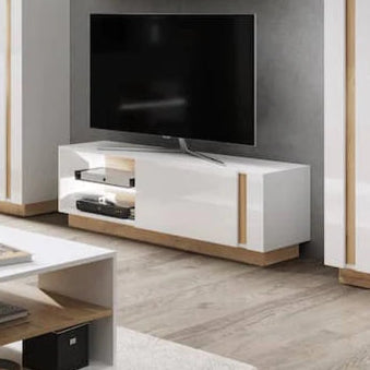 Arco Wooden TV Stand 138cm in White Gloss & Oak Grandson