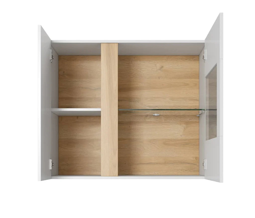 Arco Wooden Wall Hung Display Cabinet in White Gloss & Oak Grandson