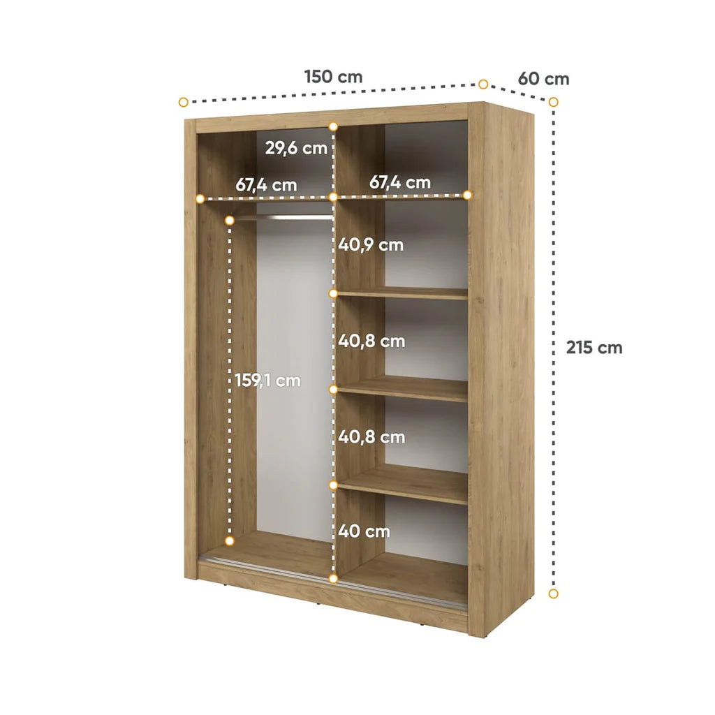 Arti 18 Mirrored Wardrobe With 2 Sliding Doors In Oak Shetland