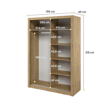 Arti 18 Mirrored Wardrobe With 2 Sliding Doors In Oak Shetland