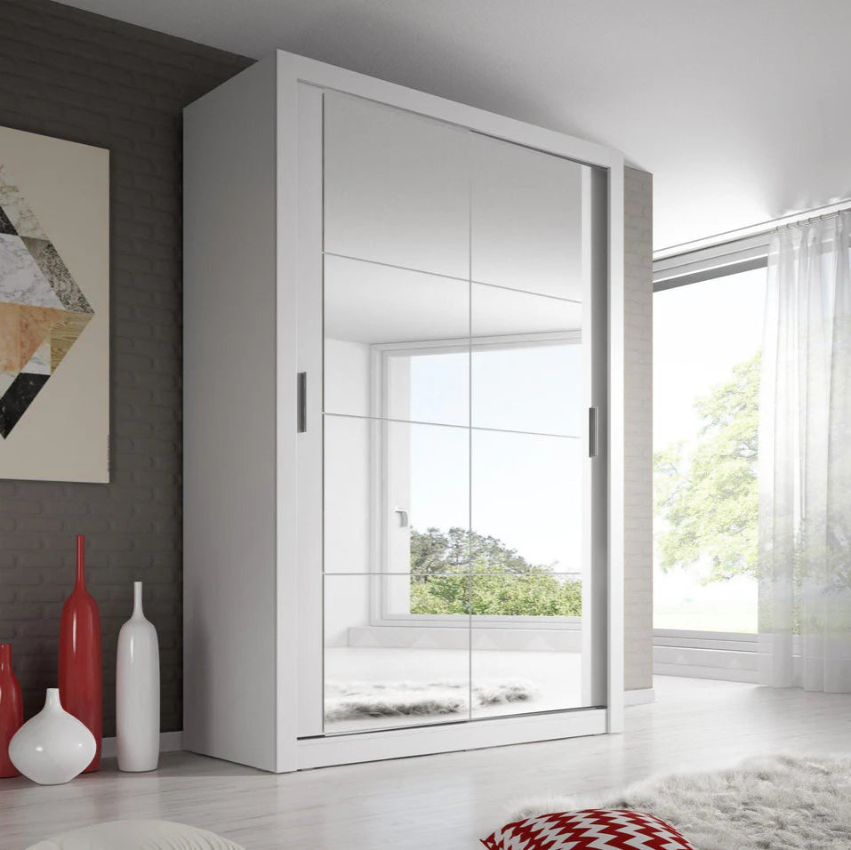 Arti 19 Wardrobe With 2 Mirrored Sliding Doors In White Matt