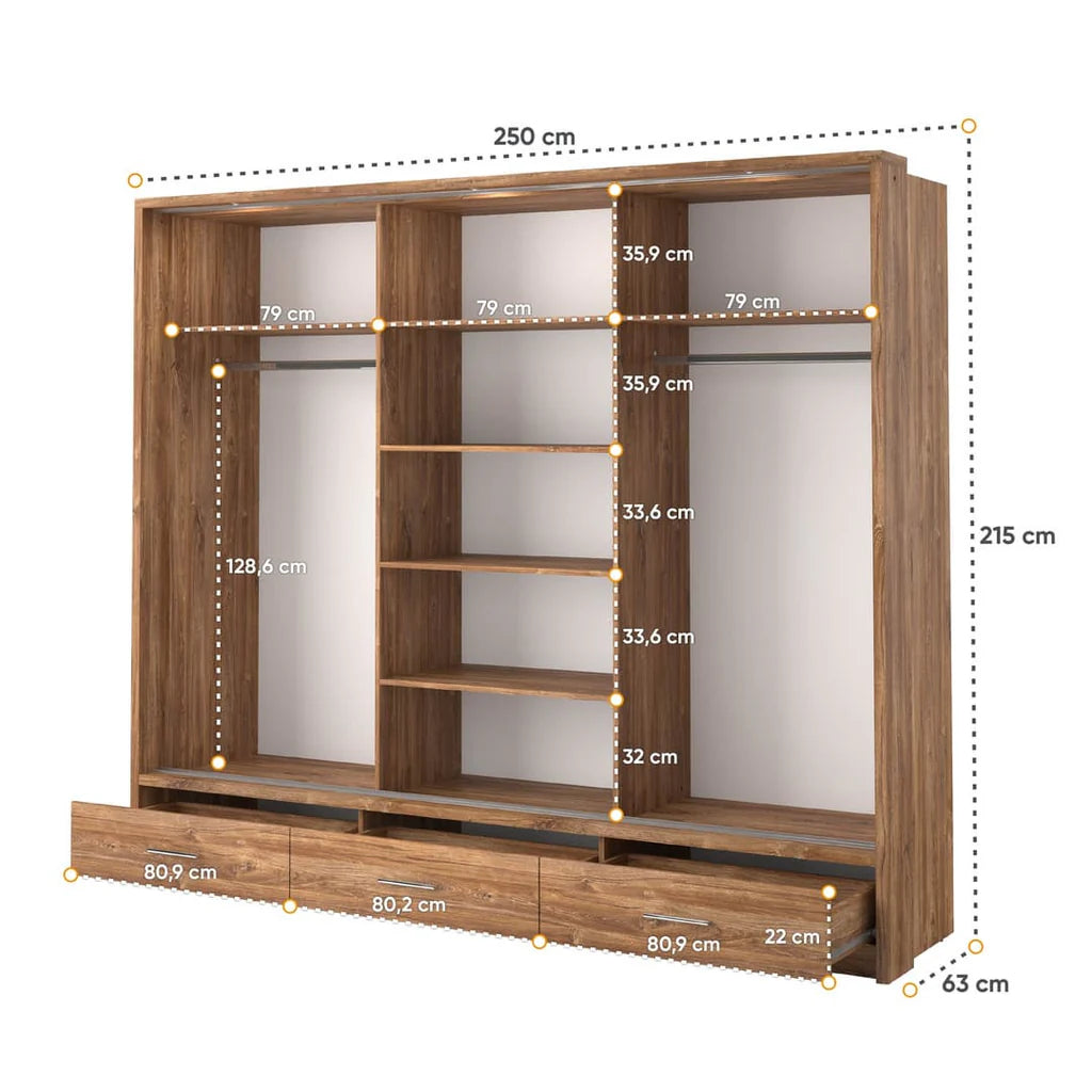 Arti AR-01 Wooden Wardrobe With 3 Sliding Doors In Oak Sterling