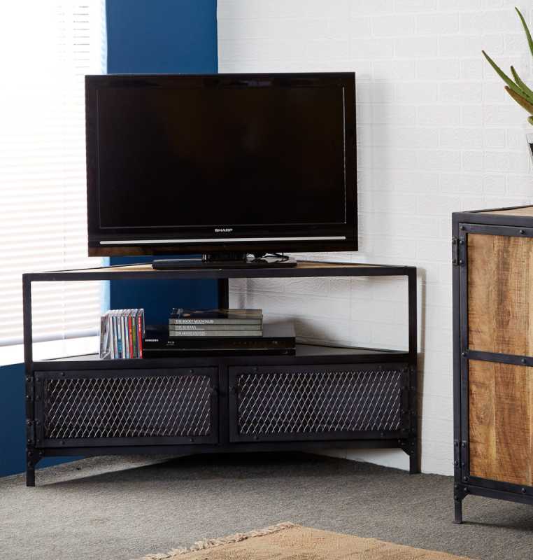 Ascot Corner TV Stand In Reclaimed Wood And Metal Frame