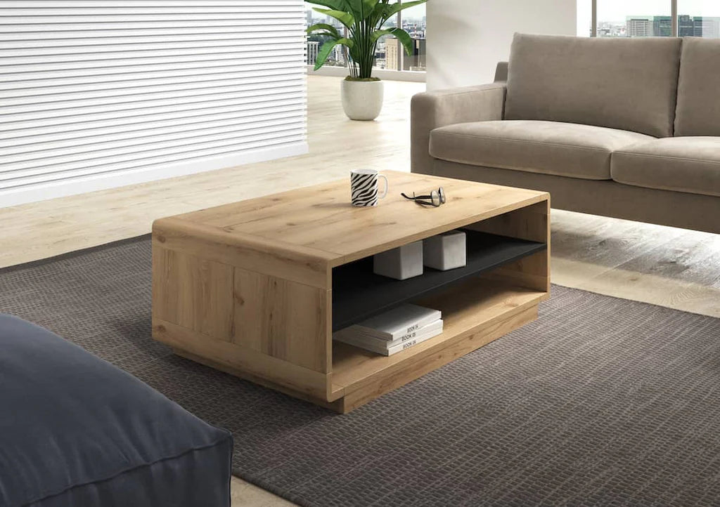 Aston Wooden Coffee Table 120cm in Matt Black and Torus Oak