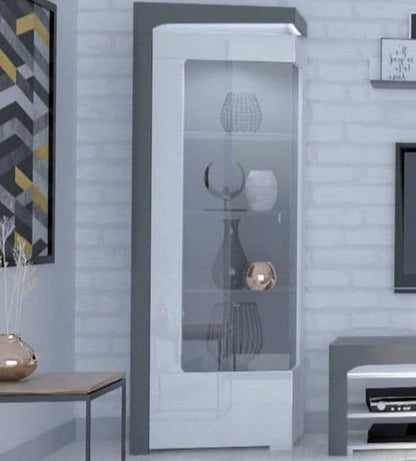 Athens Grey And White Gloss LEFT Display Cabinet with Glass Door and LED Lights