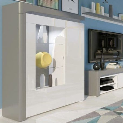 Athens Grey And White Gloss Low Wide Display Cabinet with LED Lights