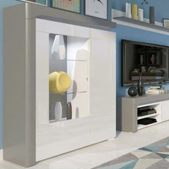 Athens Grey And White Gloss Low Wide Display Cabinet with LED Lights