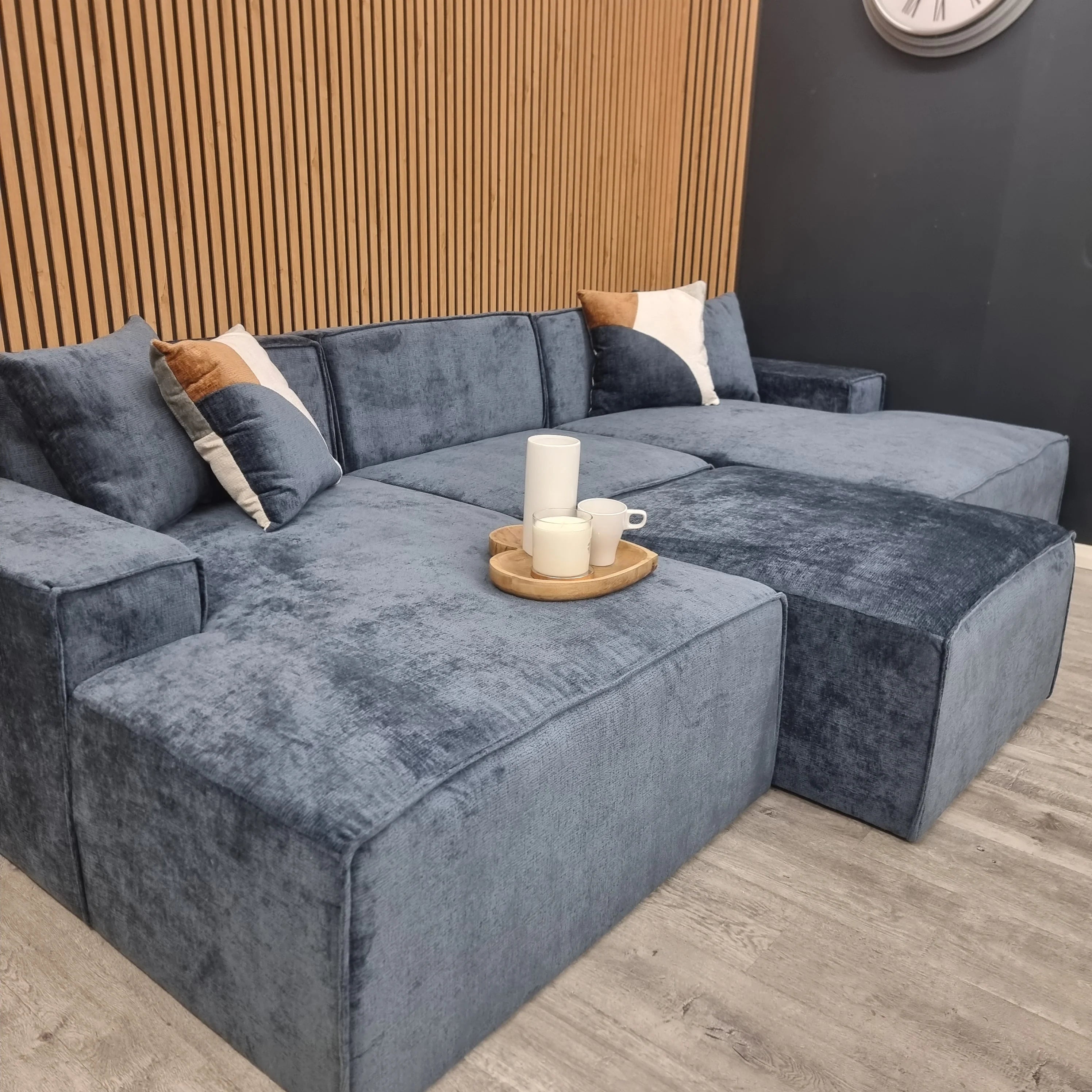 Atlanta Modula U Shape Sofa including Stool in Blue Textured Chenille