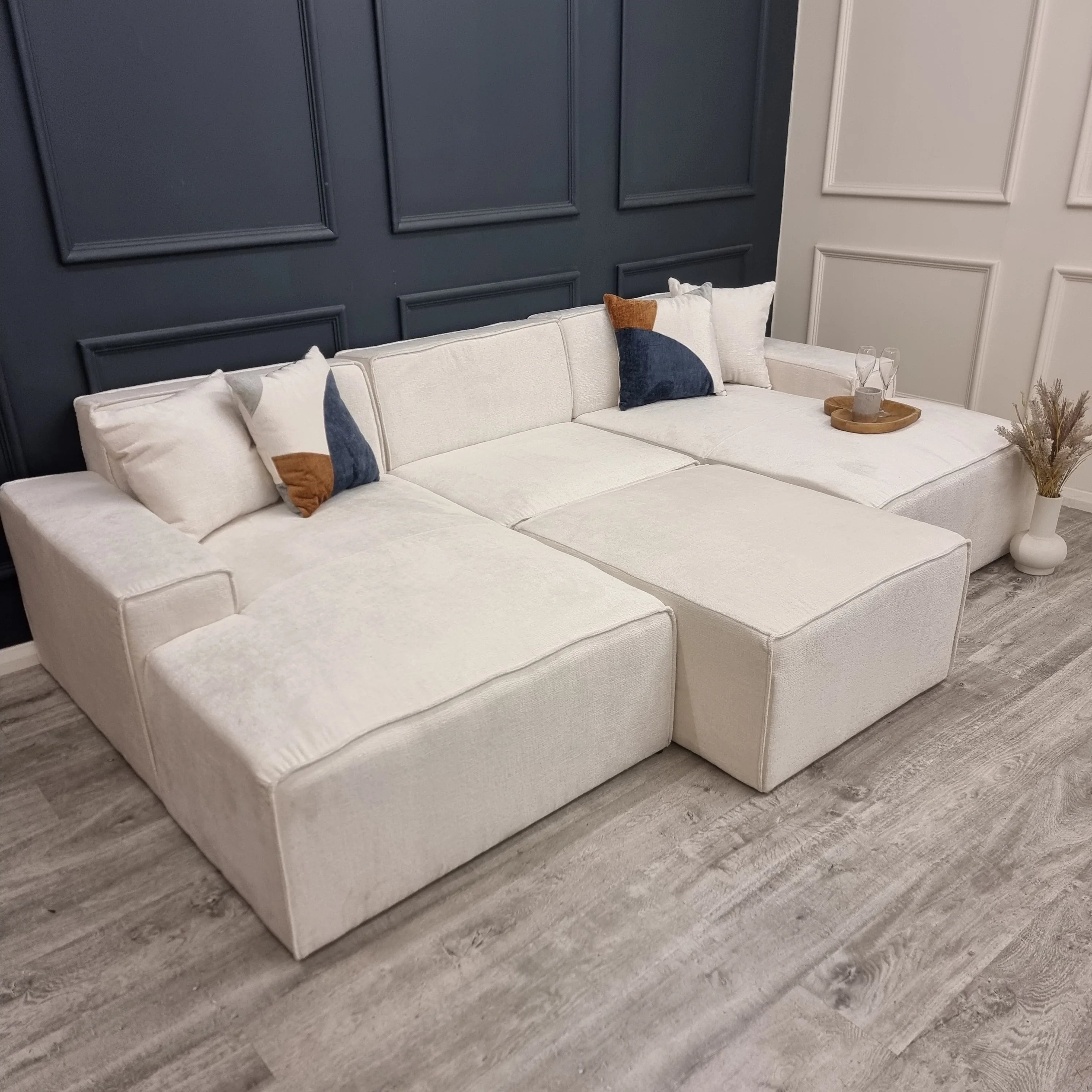 Atlanta Modula U Shape Sofa including Stool in Cream Textured Chenille